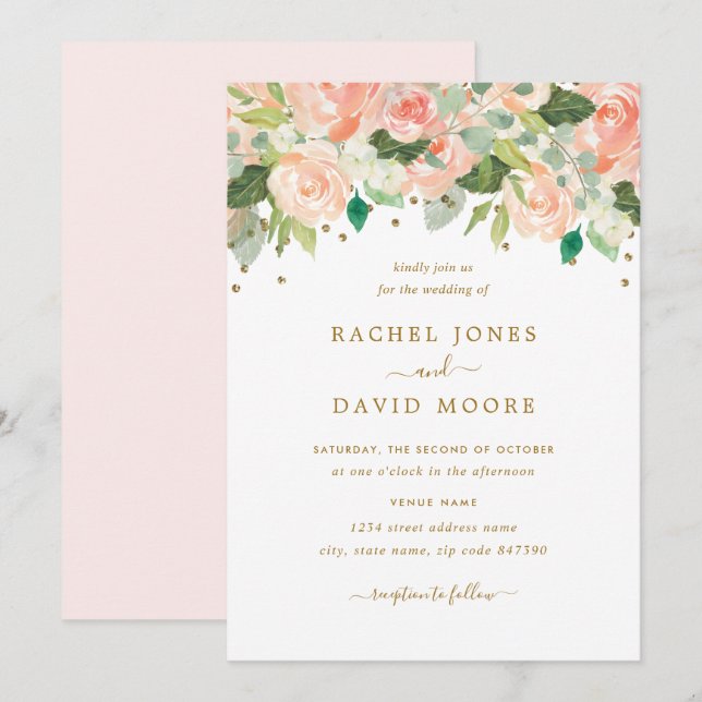 Invitation Gold Blush Peach Floral Aquarelle Mariage Inviter (Devant / Derrière)