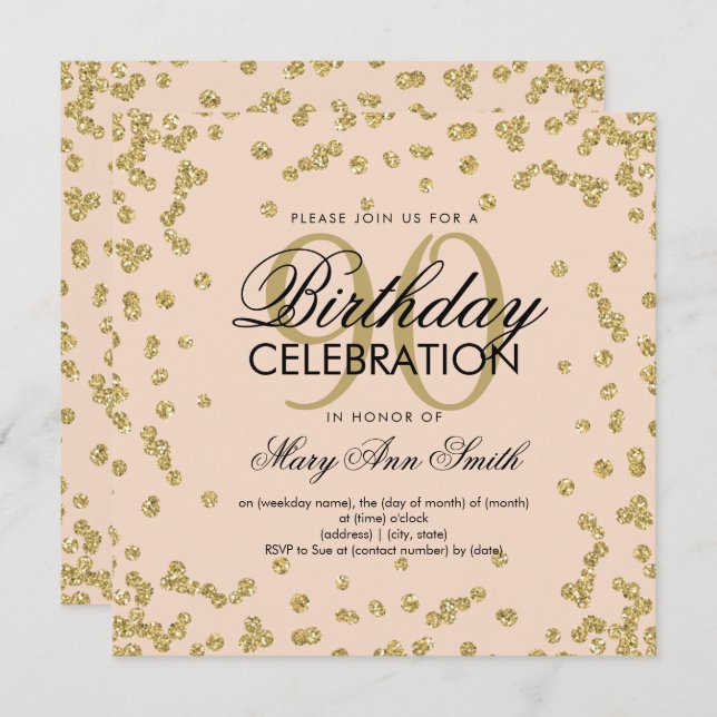 Invitation Gold Blush Pink 90e anniversaire Parties scintilla (Devant / Derrière)