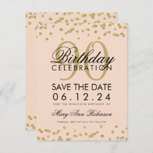 Invitation Gold Blush Pink 90th Birthday Save Date Confetti