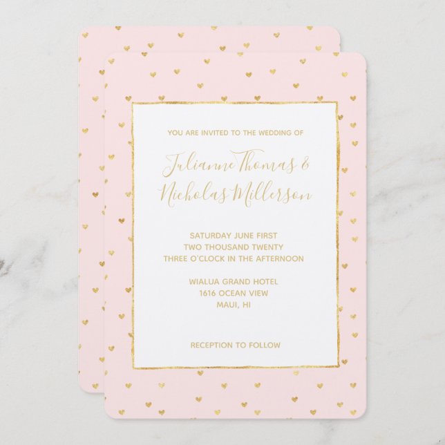 Invitation Gold Blush Pink Petits Coeurs Mariage Invite (Devant / Derrière)
