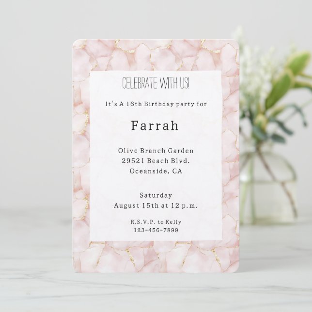 Invitation Gold Blush Pink Rose Petals Floral Birthday   (Debout devant)