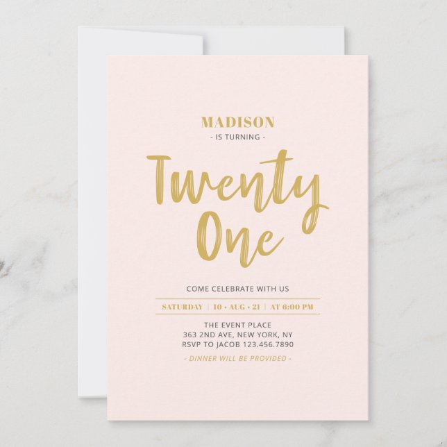 Invitation Gold & Blush Pink Simple 21e fête d'anniversaire (Devant)