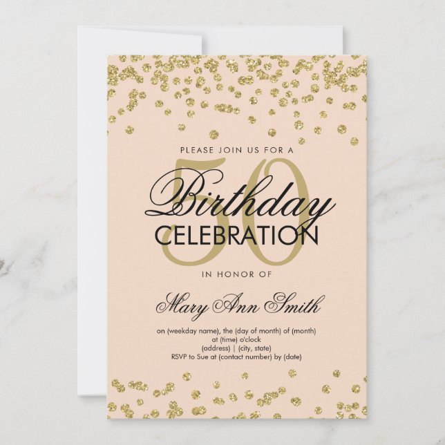 Invitation Gold Blush rose 50e anniversaire Parties scintilla (Devant)