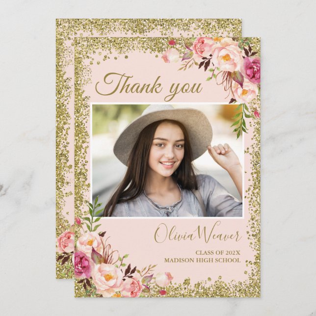 Invitation Gold Blush rose floral Merci de graduation photo (Devant / Derrière)