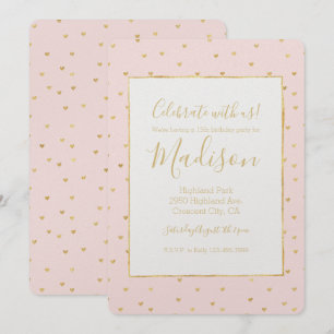 Invitation Gold Blush rose Petits Coeurs Anniversaire