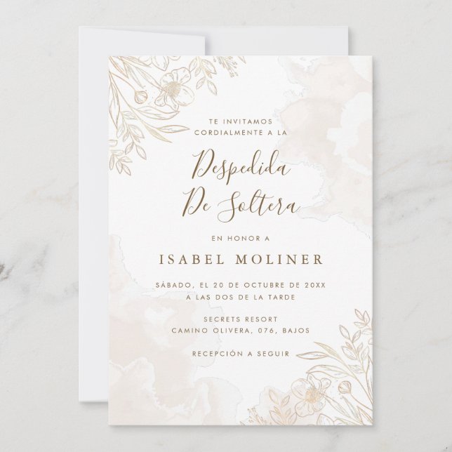 Invitation Gold Boho Fleur sauvage Fête des mariées espagnole (Devant)