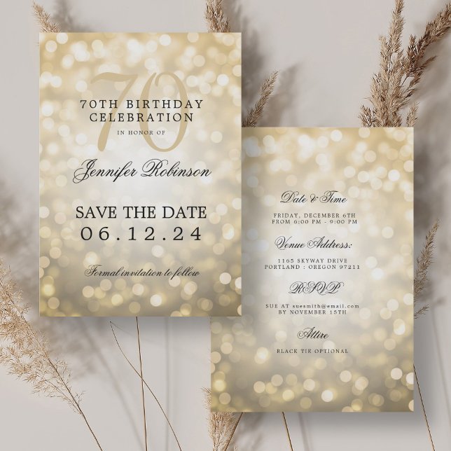 Invitation Gold Bokeh 70th Birthday Enregistrer la date avec  (Gold Bokeh 70th Birthday Save the Date w/ Details Invitation)