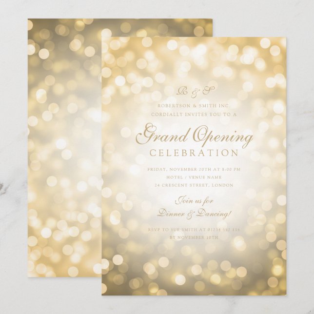 Invitation Gold Bokeh Lights Corporate Grand Ouverture  (Devant / Derrière)