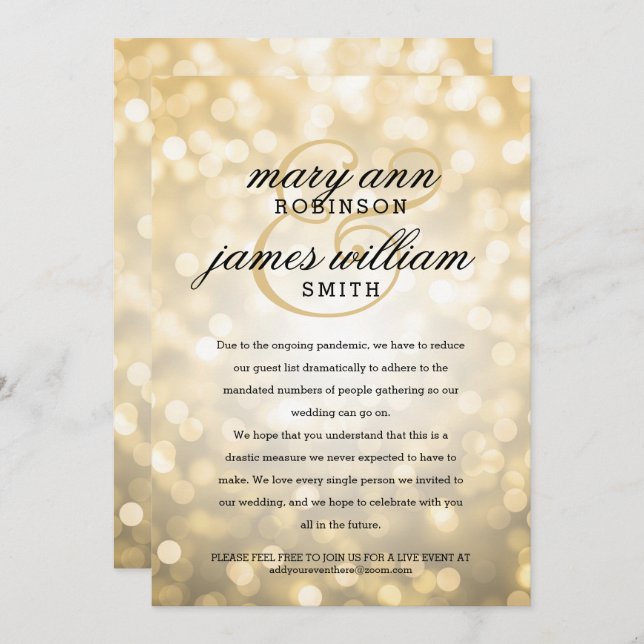 Invitation Gold Bokeh Lumières Élégant Mariage réduit (Devant / Derrière)