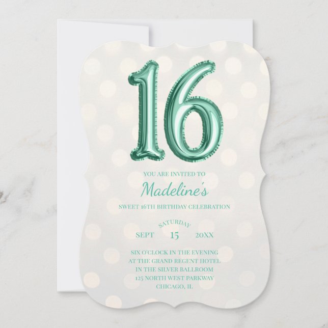 Invitation Gold Bokeh Mint Green Faux Foil 16e anniversaire (Devant)
