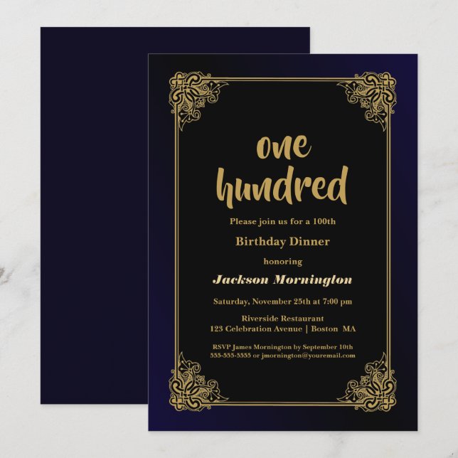 Invitation Gold Border Black 100th Birthday Dinner (Devant / Derrière)