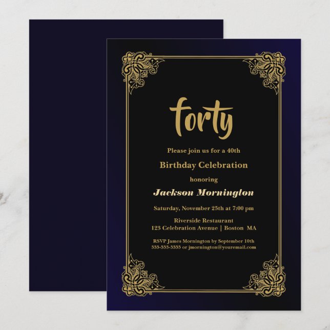 Invitation Gold Border Black 40th Birthday Party (Devant / Derrière)