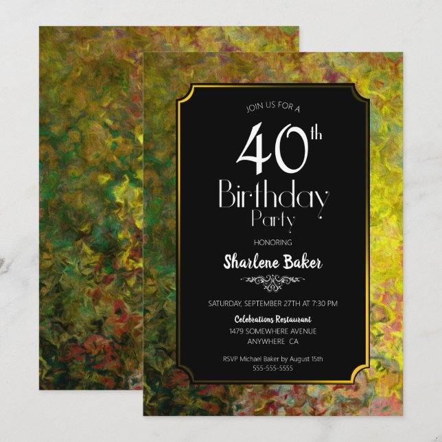 Invitation Gold Border Black 40th Birthday Party (Devant / Derrière)