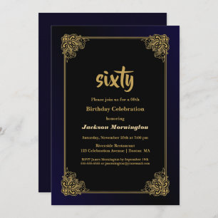 Invitation Gold Border Black 60th Birthday Party