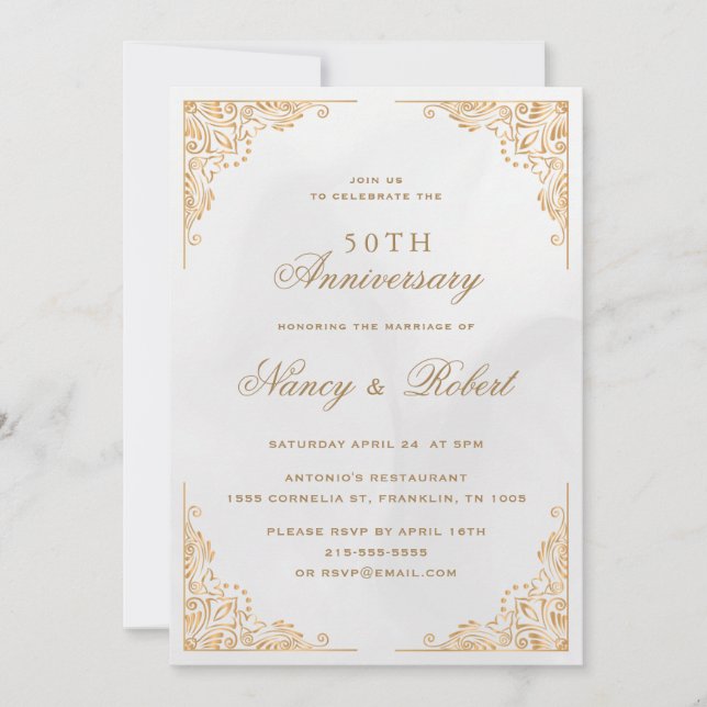 Invitation Gold Border - Crème ornée 50e anniversaire de Mari (Devant)