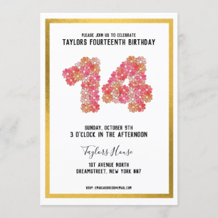 Invitation Gold Border Floral métallique 14E fête d'anniversa