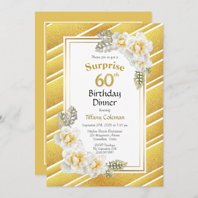 Invitation Gold Border Floral Surprise 60e Anniversaire Dîner (Devant / Derrière)