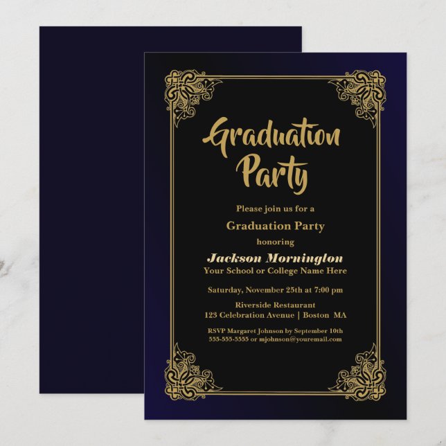Invitation Gold Border Graduation Party (Devant / Derrière)