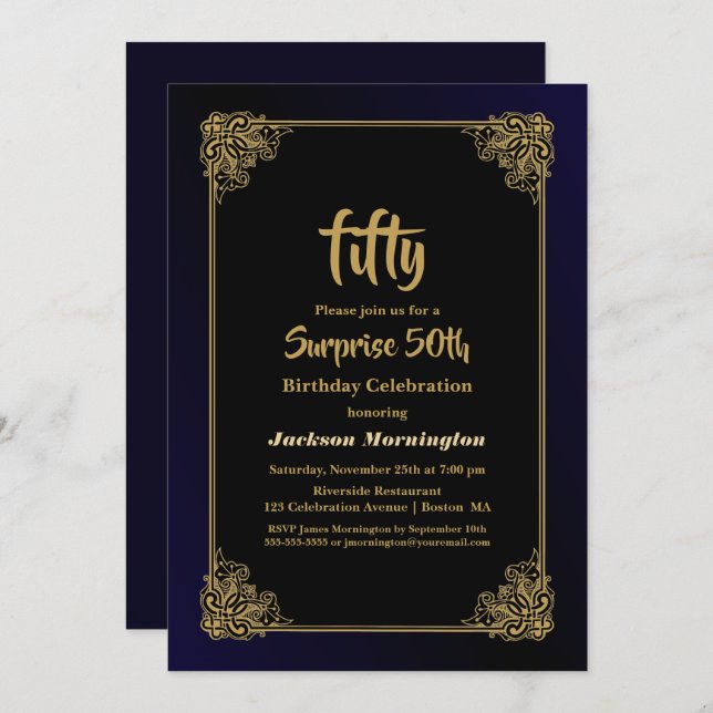 Invitation Gold Border Surprise 50e fête d'anniversaire (Devant / Derrière)