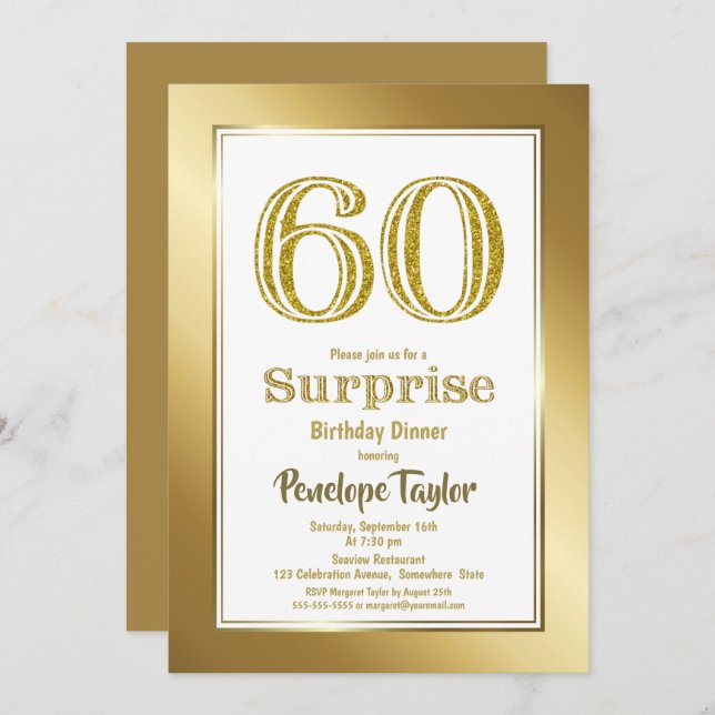 Invitation Gold Border Surprise 60e anniversaire Dîner fête (Devant / Derrière)