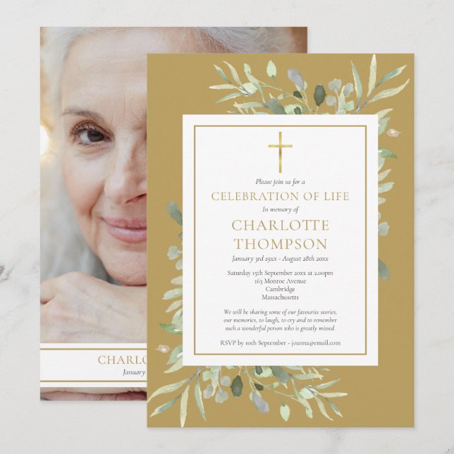 Invitation Gold Botanical Celebration of Life Funeral Photo (Devant / Derrière)