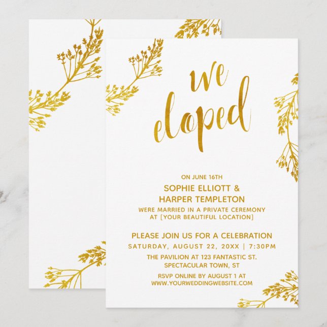 Invitation Gold Botanical We Eloped Post Mariage Event (Devant / Derrière)