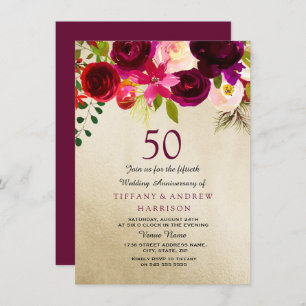 Invitation Gold & Bourgogne Floral 50e anniversaire Mariage