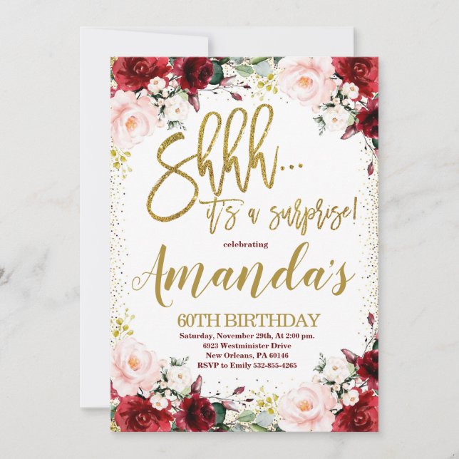 Invitation Gold & Bourgogne Florale Surprise Anniversaire (Devant)