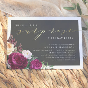 Invitation Gold & Bourgogne Florale Surprise Anniversaire