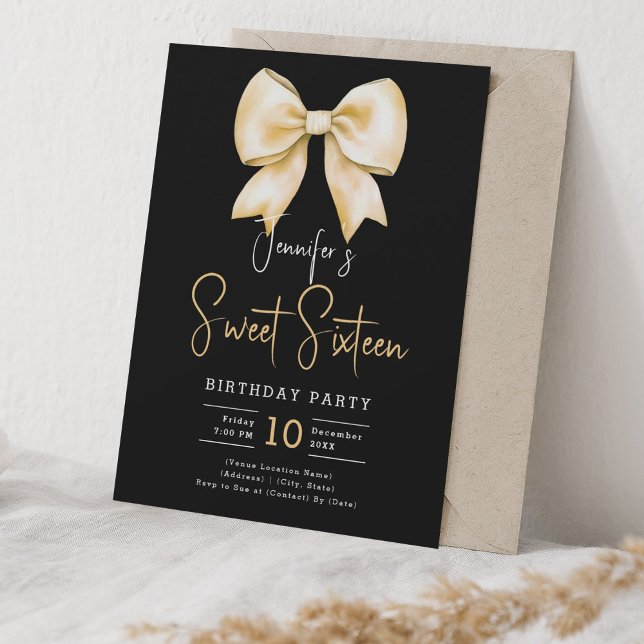 Invitation Gold Bow Coquette Script Sweet 16 Party Black (Gold Bow Coquette Script Sweet 16 Party Black Invitation)