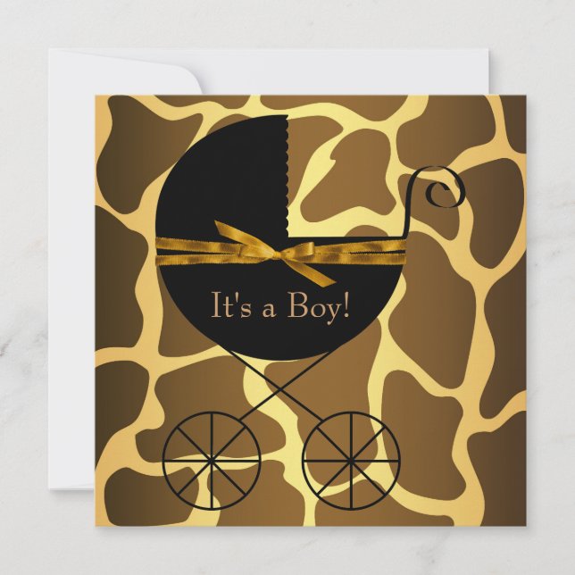 Invitation Gold Brown Carriage Boy Giraffe Baby shower (Devant)