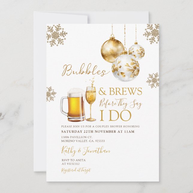 Invitation Gold Bubbles & Brews Bière Noël Couples Douche (Devant)