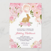 Gold Bunny anniversaire rose Floral Invitation,