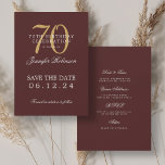 Invitation Gold Burgundy 70th Birthday Enregistrer la date Dé<br><div class="desc">Design élégant "70th Birthday Party" avec un script de typographie formel,  nom personnalisé et texte de détails. Facile à utiliser et facile à personnaliser. Commandez aujourd'hui !</div>