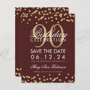 Invitation Gold Burgundy 90th Birthday Save Date Confetti