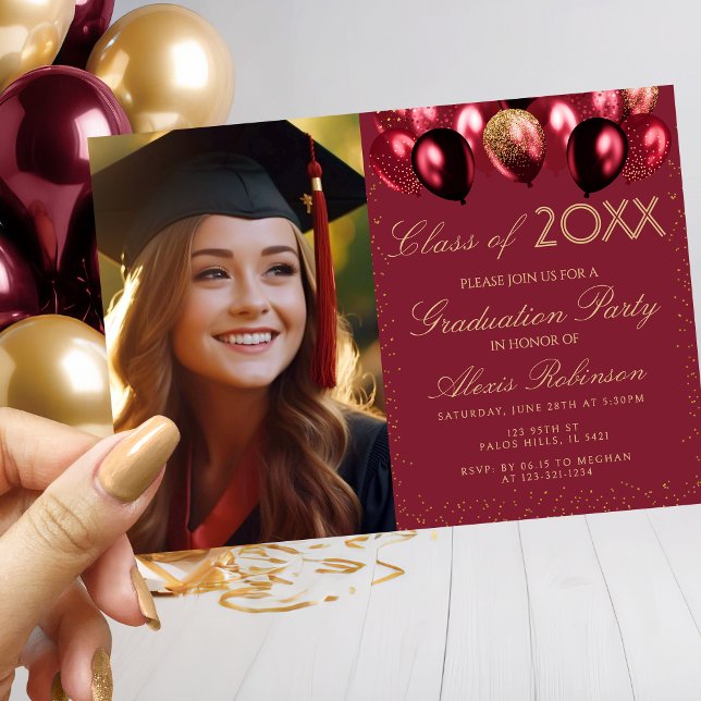 Invitation Gold Burgundy Balloons Graduation Party Photo (Créateur téléchargé)