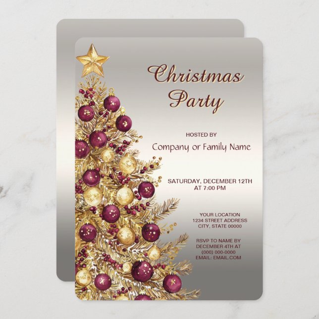 Invitation Gold Burgundy Christmas Tree Holiday Party (Devant / Derrière)