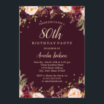 Invitation Gold Burgundy Elegant Floral 80th Birthday Party<br><div class="desc">Plus jolies invitations d'anniversaire florales dans le Little Bayleigh Store!</div>