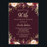 Invitation Gold Burgundy Floral Elégant 90ème Anniversaire<br><div class="desc">Plus joli fleurs Invitations d'anniversaire dans le Little Bayleigh Store!</div>