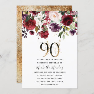 Invitation Gold Burgundy Floral Elégant 90ème Anniversaire