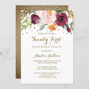 Invitation Gold Burgundy Floral Parties scintillant 21e fête