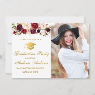 Invitation Gold Burgundy Floral Photo Graduation Party Invita