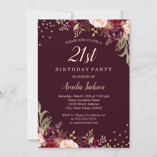 Invitation Gold Burgundy floral Sparkle 21e anniversaire fête (Devant)