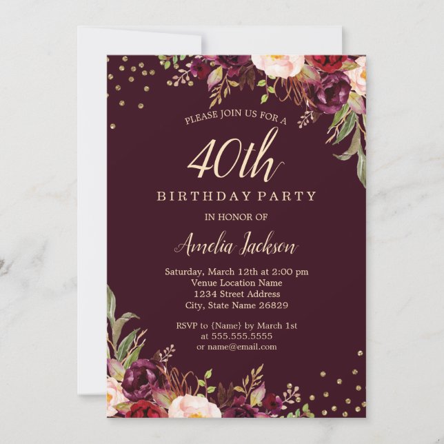 Invitation Gold Burgundy floral Sparkle 40e fête d'anniversai (Devant)