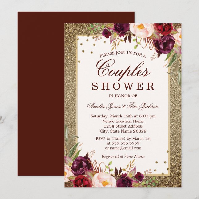 Invitation Gold Burgundy floral Sparkle Couples Douche (Devant / Derrière)