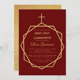 Invitation Gold Burgundy Girl Première Sainte Communion Géomé