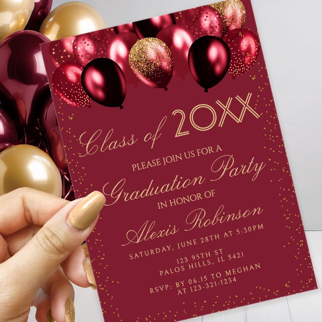 Invitation Gold Burgundy Glitter Balloons Graduation Party (Créateur téléchargé)