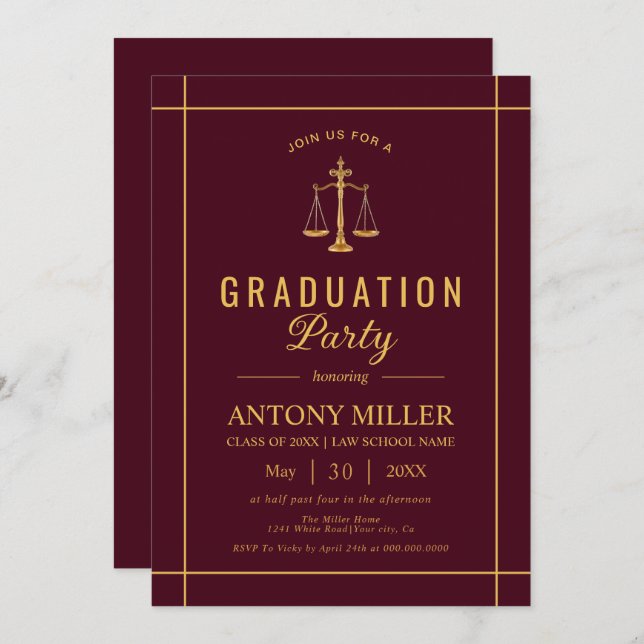 Invitation Gold burgundy Law school graduation Class Of 2026  (Devant / Derrière)