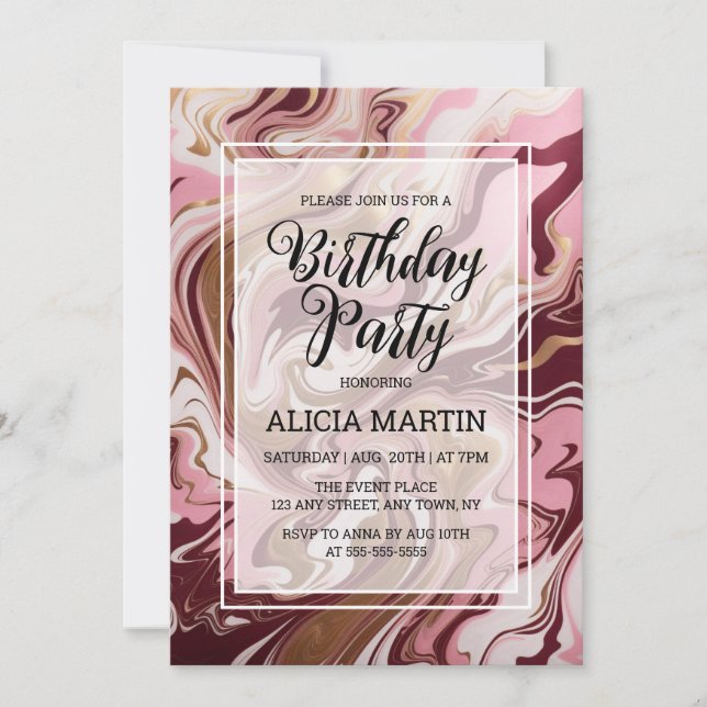 Invitation Gold Burgundy Marbre rose Fluid Anniversaire (Devant)
