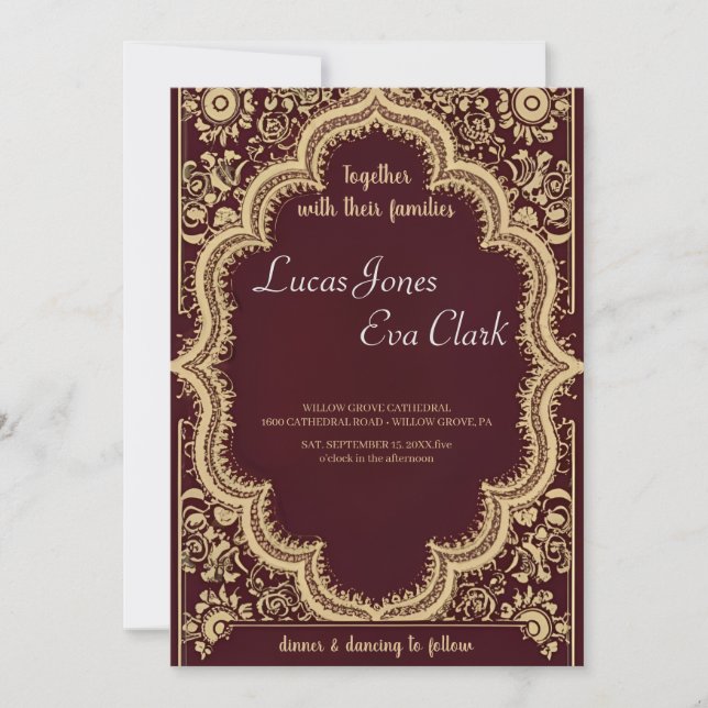 Invitation Gold Burgundy Mehendi Henna Mariage indien Invitat (Devant)